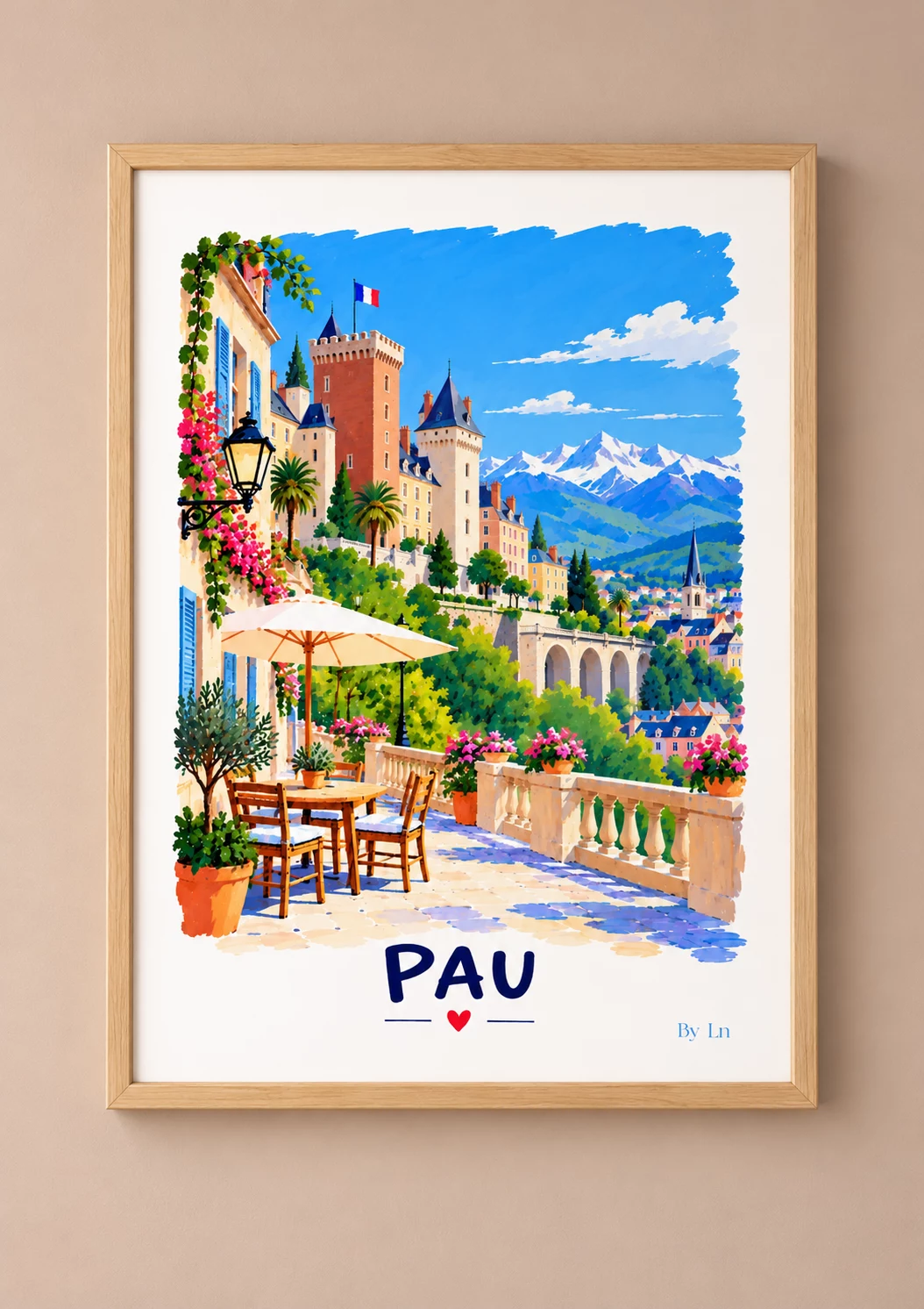 Affiche illustrée de Pau en portrait, avec bâtiments clairs, tour crénelée, drapeau tricolore, terrasses fleuries et montagnes enneigées.