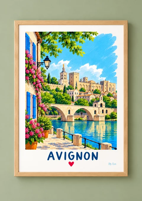 Affiche verticale illustrant Avignon avec muraille, pont en pierre, eau bleue, façade aux volets bleus, fleurs roses et titre en bas.
