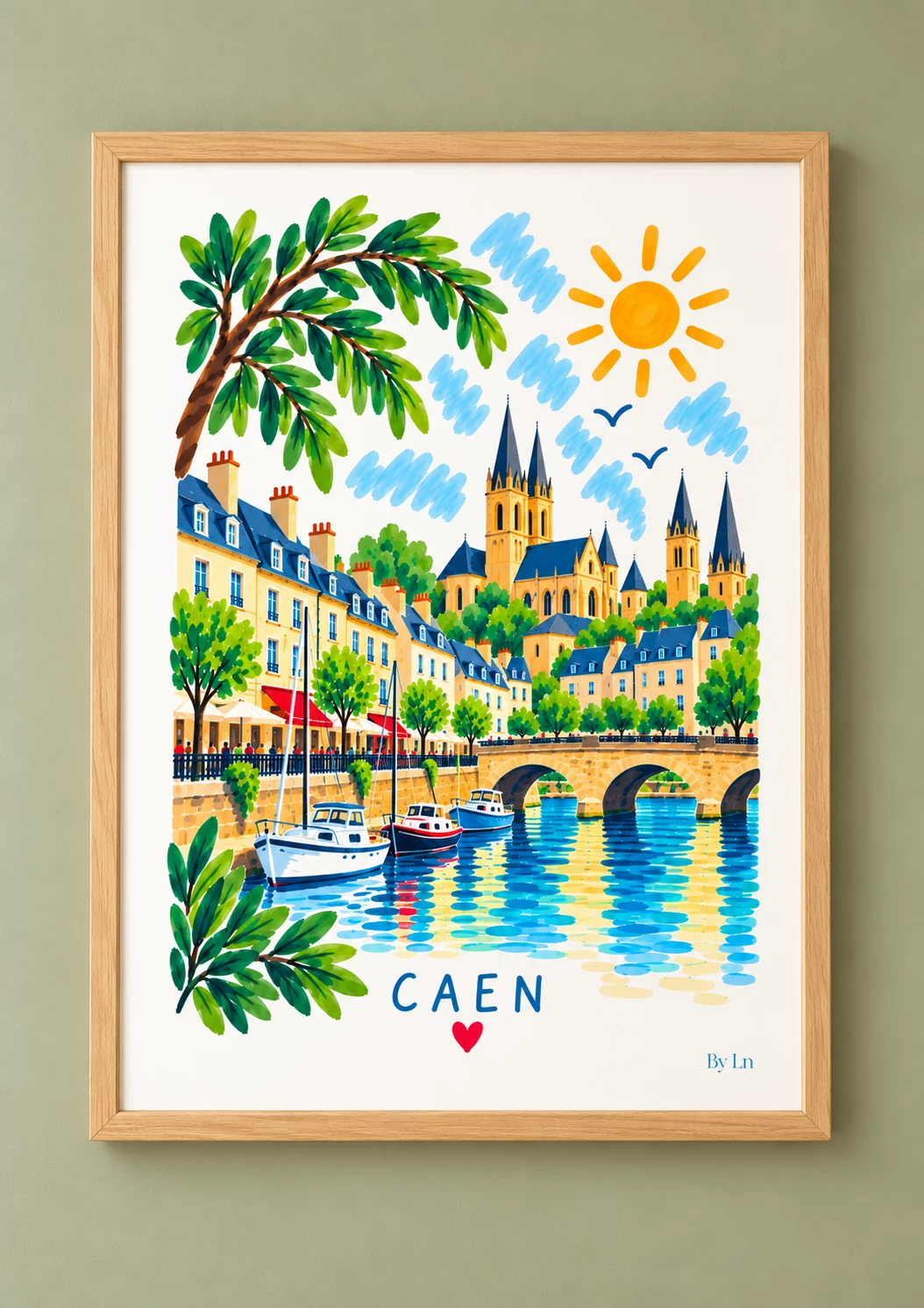 Affiche illustrée de Caen montrant des maisons alignées, un pont, des bateaux, des arbres et un grand bâtiment à flèches sous un ciel ensoleillé.