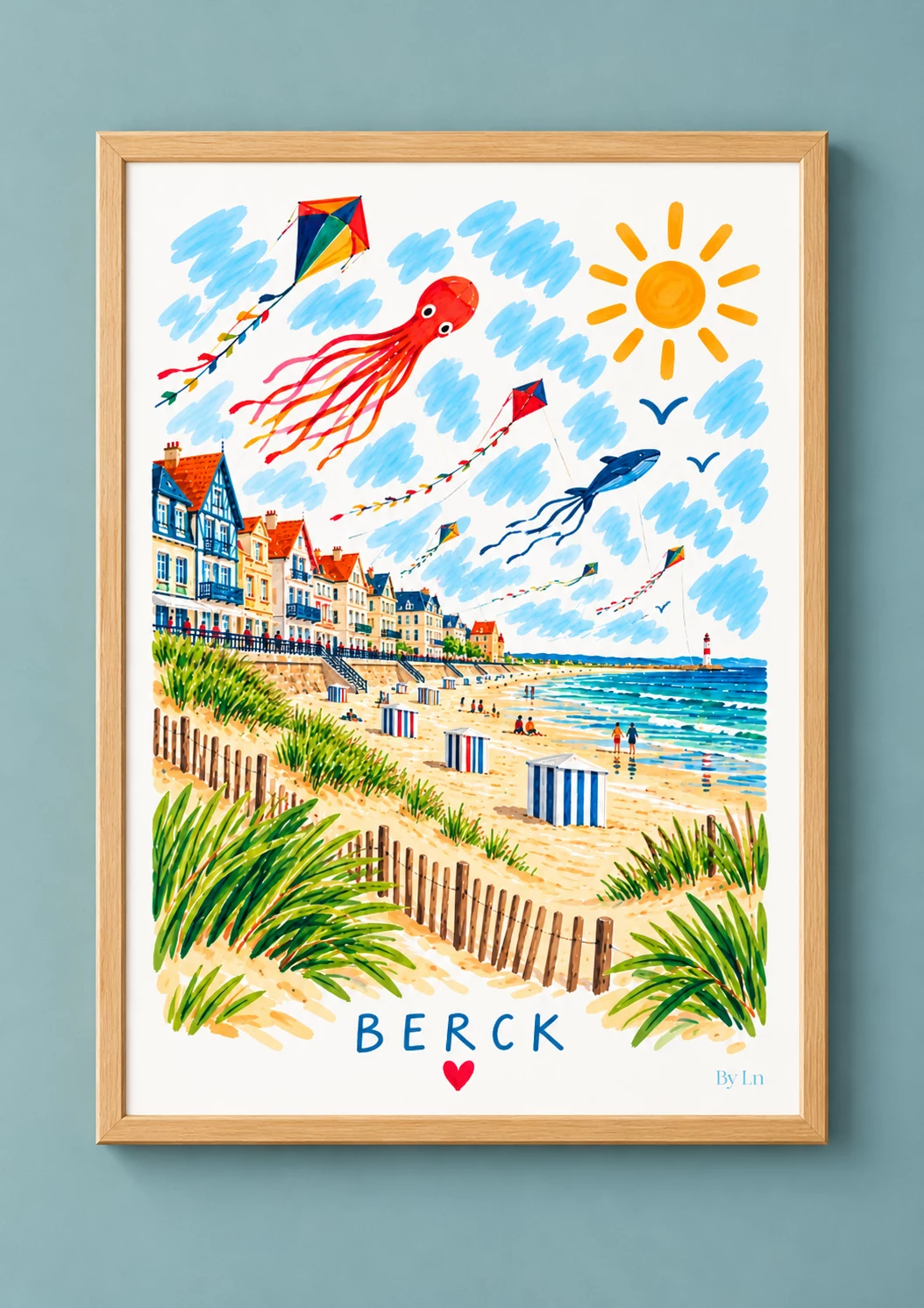 Affiche verticale illustrant une scène de bord de mer à Berck, avec plage, mer, cabines rayées, maisons, cerfs-volants, mouettes stylisées et phare au loin.
