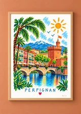 Affiche illustrée de Perpignan avec pont à arches, palmiers, façades colorées, tour crénelée, montagne bleue, soleil et oiseaux.