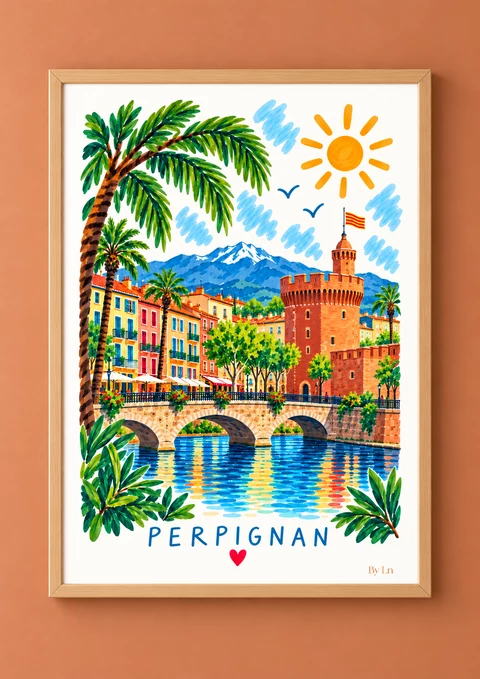 Affiche illustrée de Perpignan avec pont à arches, palmiers, façades colorées, tour crénelée, montagne bleue, soleil et oiseaux.