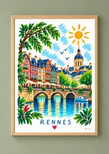 Illustration verticale de Rennes avec façades colorées, pont de pierre à arches, arbre en premier plan, reflets dans l’eau et ciel décoré de traits bleus.