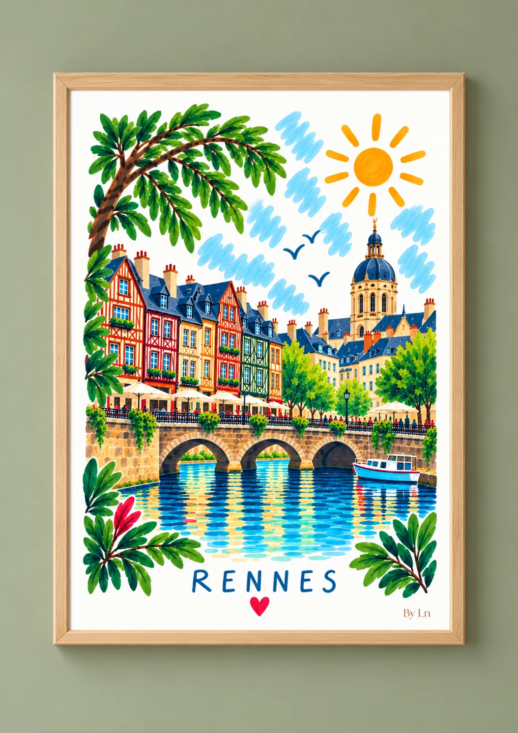 Illustration verticale de Rennes avec façades colorées, pont de pierre à arches, arbre en premier plan, reflets dans l’eau et ciel décoré de traits bleus.