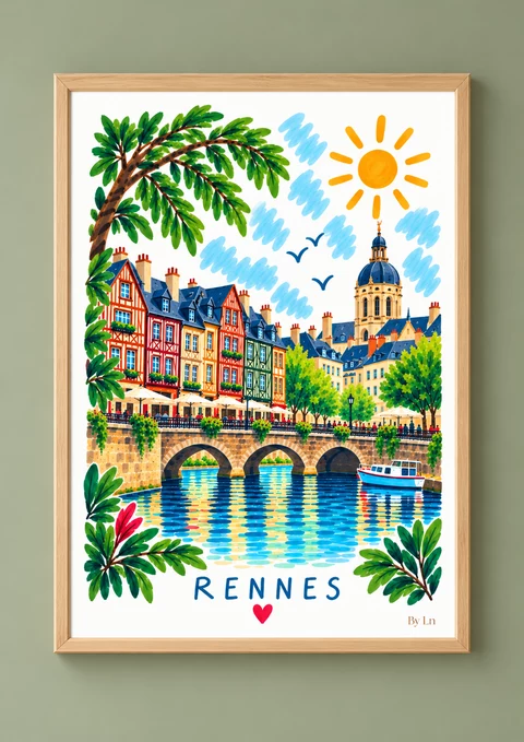 Illustration verticale de Rennes avec façades colorées, pont de pierre à arches, arbre en premier plan, reflets dans l’eau et ciel décoré de traits bleus.