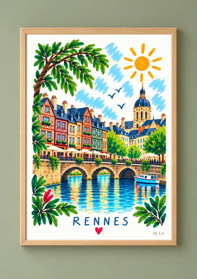 Illustration verticale de Rennes avec façades colorées, pont de pierre à arches, arbre en premier plan, reflets dans l’eau et ciel décoré de traits bleus.