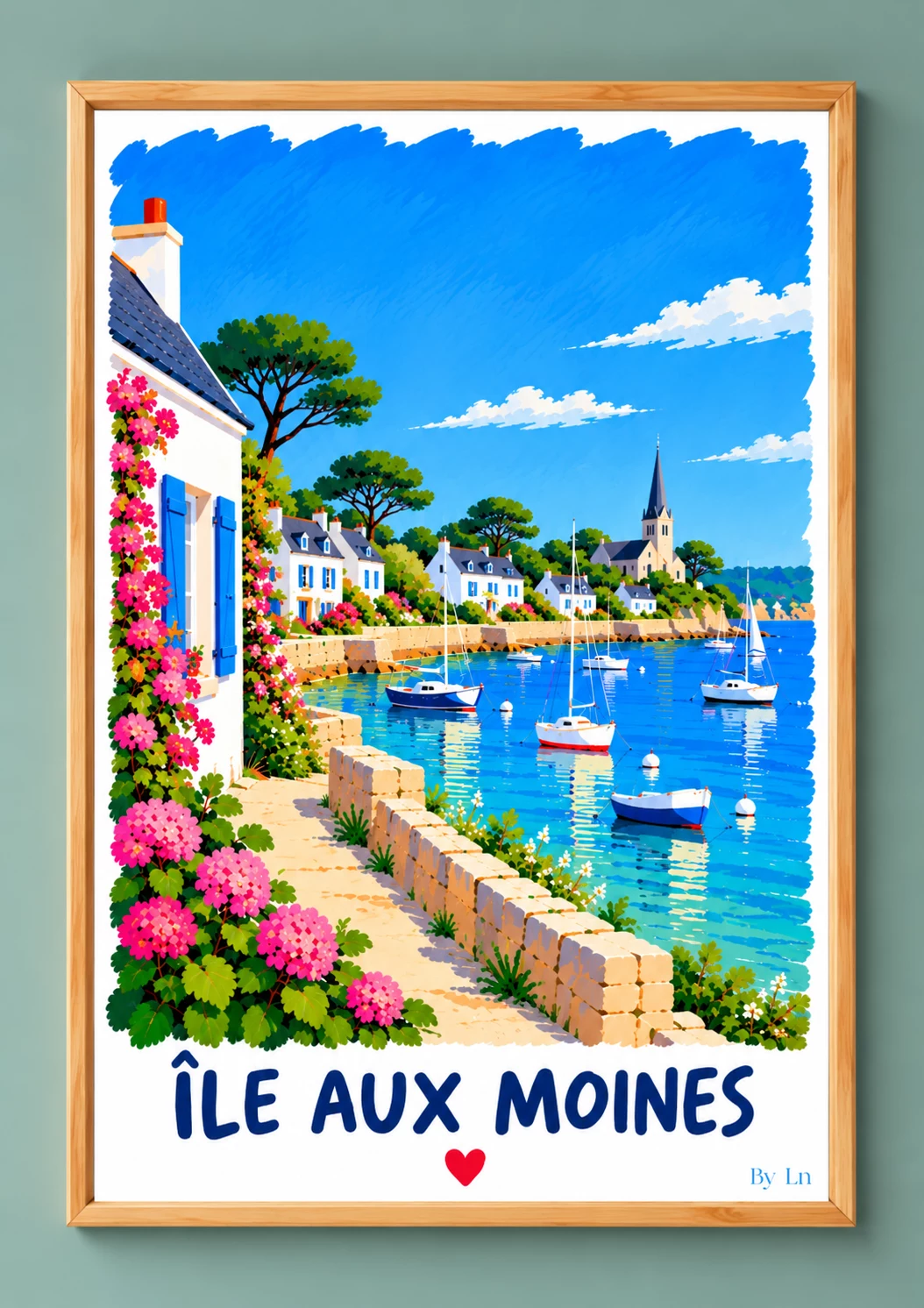 Affiche verticale Île aux Moines montrant mer, voiliers, maisons blanches, végétation dense, clocher au loin, ciel bleu vif et fleurs roses au premier plan.