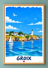 Affiche Groix représentant un paysage marin stylisé avec ciel bleu, mouettes, falaise, maisons côtières, phare et voilier blanc.