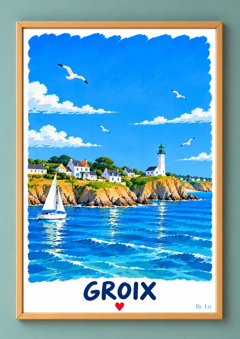 Affiche Groix représentant un paysage marin stylisé avec ciel bleu, mouettes, falaise, maisons côtières, phare et voilier blanc.