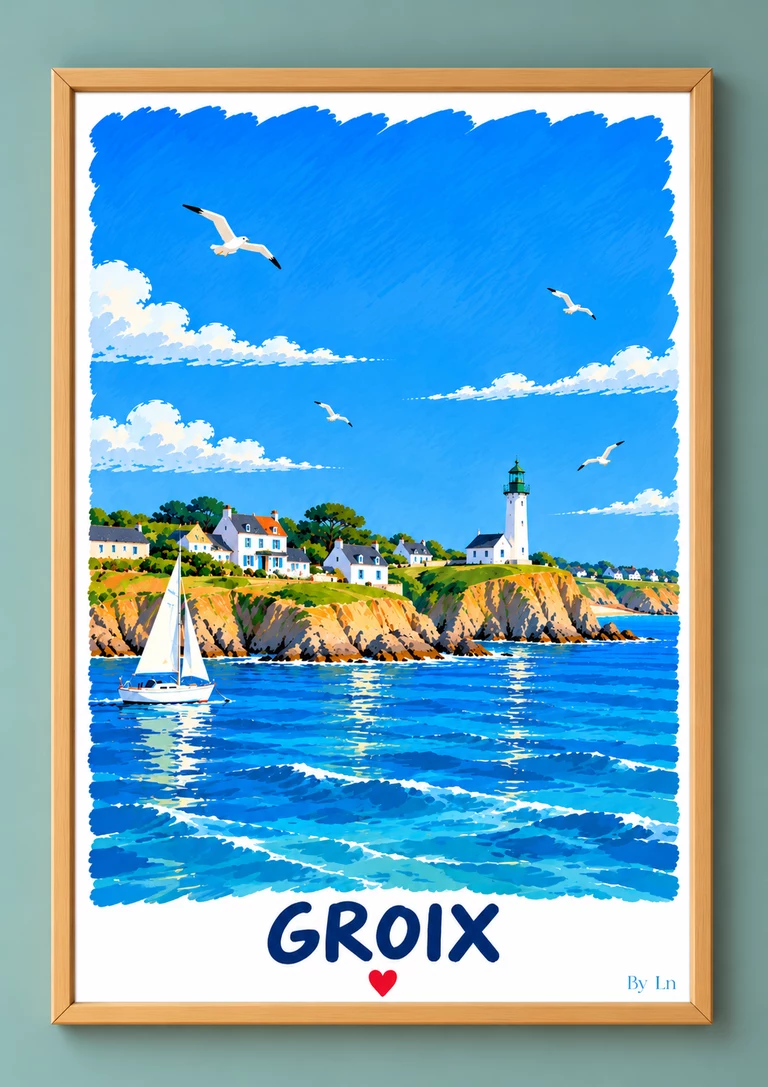 Affiche Groix représentant un paysage marin stylisé avec ciel bleu, mouettes, falaise, maisons côtières, phare et voilier blanc.