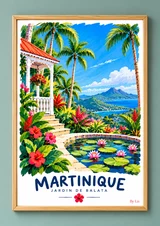 Affiche verticale illustrée d’un jardin tropical avec palmiers, grandes feuilles, fleurs vives, bassin rond aux nénuphars et petite bâtisse créole.