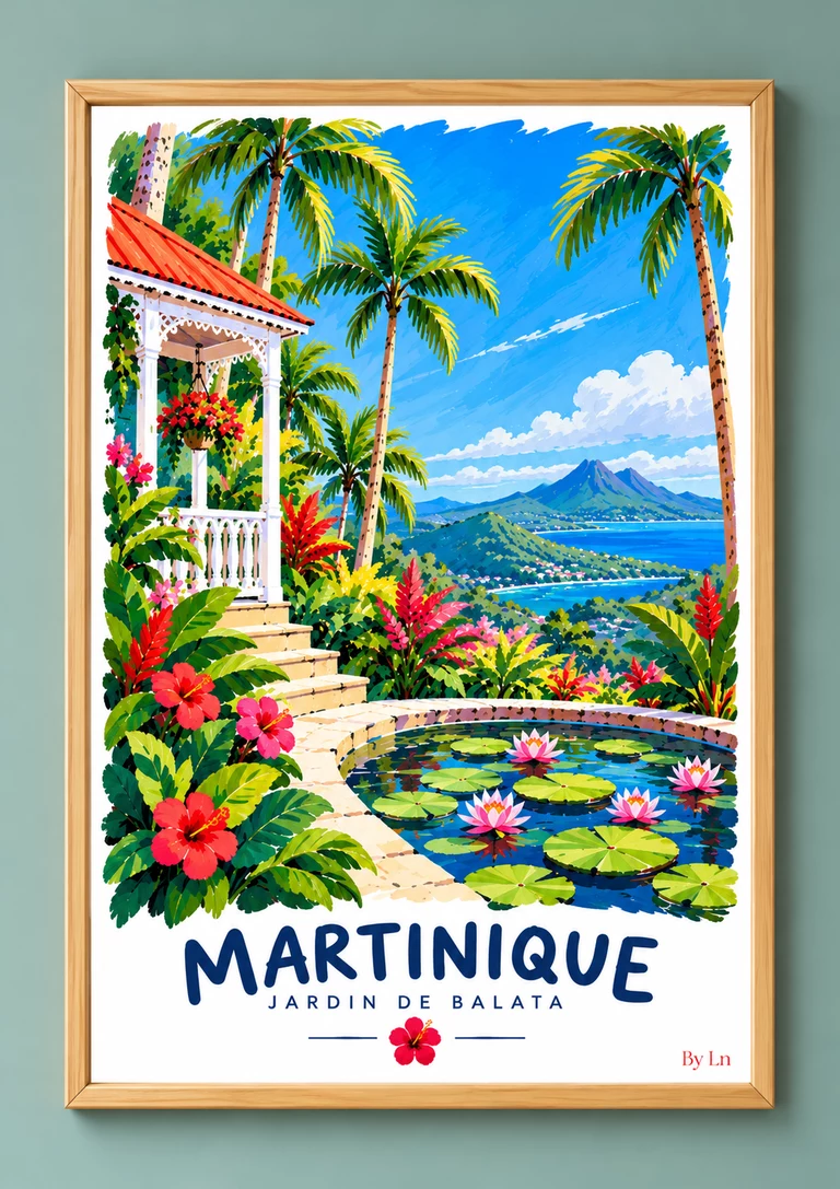 Affiche verticale illustrée d’un jardin tropical avec palmiers, grandes feuilles, fleurs vives, bassin rond aux nénuphars et petite bâtisse créole.