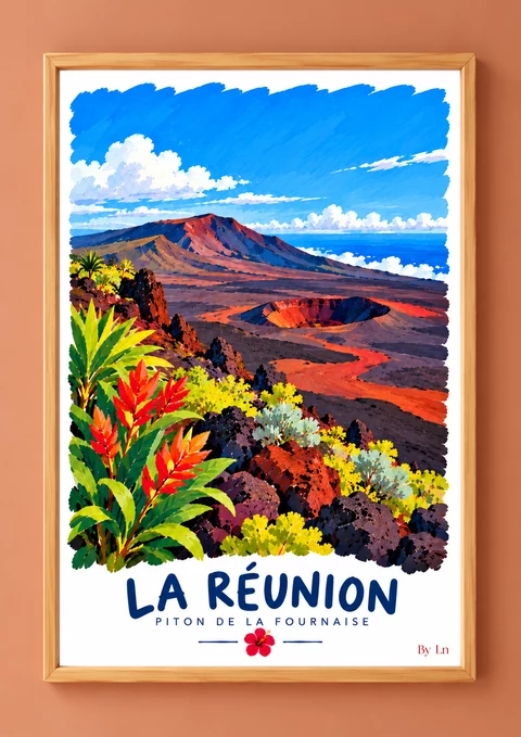 Affiche verticale représentant un paysage volcanique stylisé de La Réunion, avec ciel bleu, cratère, relief sombre et végétation tropicale colorée.