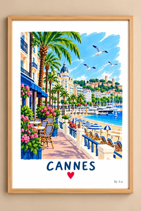 Affiche verticale illustrant une promenade à Cannes avec palmiers, immeubles, café, plage, mer calme, voiliers, yachts, oiseaux et inscription Carlton.