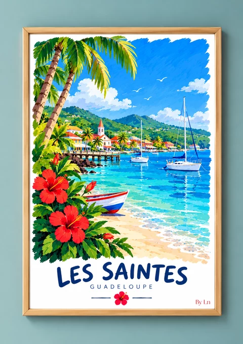 Affiche illustrée des Saintes en Guadeloupe, avec mer turquoise, plage sableuse, palmiers, fleurs rouges, maisons colorées, voiliers et ciel bleu.