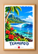 Affiche verticale illustrée de Teahupo’o avec grande vague, palmiers, montagnes, fleurs rouges et ciel bleu. Texte lisible en bas.