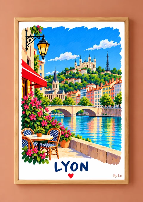 Illustration colorée de Lyon avec pont, bâtiments aux toits rouges, colline arborée, basilique, terrasse de café et ciel bleu.