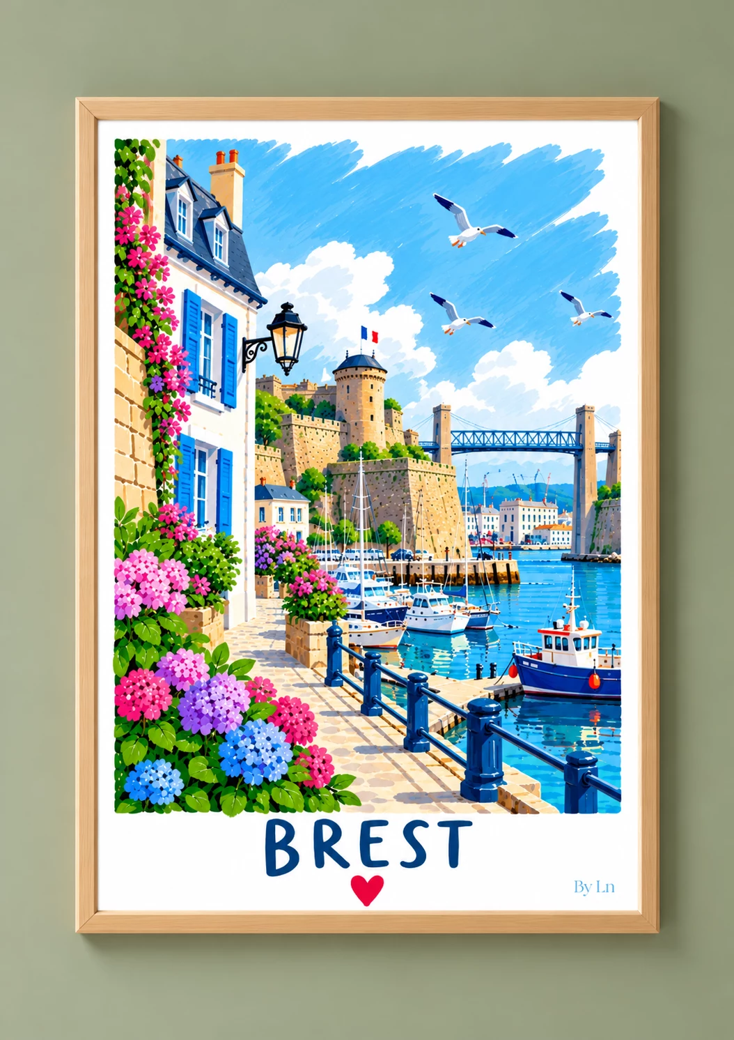 Affiche verticale illustrée de Brest avec port, façades, fortification de pierre, pont au fond, ciel bleu, fleurs colorées et mot BREST en bas.