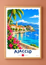 Affiche verticale d’Ajaccio montrant une ville côtière, des voiliers, un palmier, des fleurs roses et le mot AJACCIO en bas.