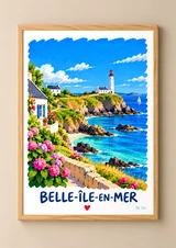 Affiche verticale illustrant un paysage côtier stylisé avec phare rouge et blanc, maisons blanches, falaises, fleurs roses et titre en bas.