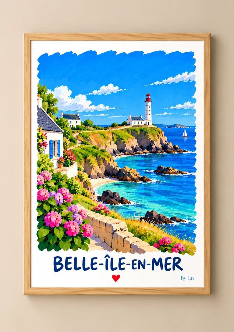 Affiche verticale illustrant un paysage côtier stylisé avec phare rouge et blanc, maisons blanches, falaises, fleurs roses et titre en bas.