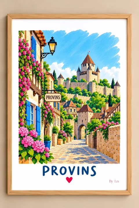 Affiche verticale illustrée de Provins avec ruelles pavées, maisons à colombages, remparts, fleurs roses au premier plan et grande forteresse au fond.