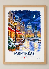 Affiche verticale de Montréal de nuit, avec terrasse enneigée, façades éclairées, dôme au fond, statue à droite et ciel étoilé.