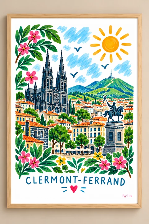 Affiche illustrée de Clermont-Ferrand avec une cathédrale à deux flèches, une colline verte, un monument au premier plan et une bordure florale.