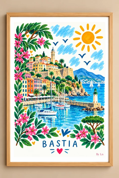 Affiche illustrée de Bastia avec port, barques, phare, maisons colorées en hauteur et bordure florale, dans des tons bleu, rose et ocre.