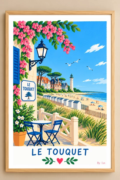 Affiche verticale du Touquet avec mer à droite, fleurs roses, terrasse bleue, phare en bord de côte et titre en bas de l’illustration.