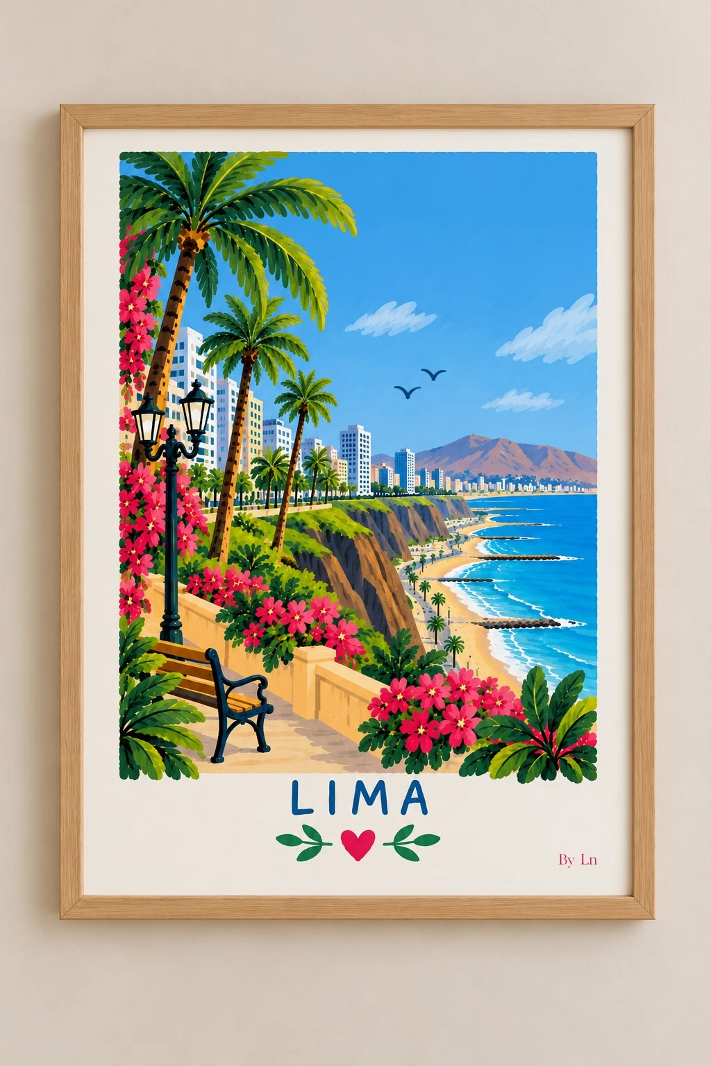 Affiche verticale illustrant un paysage côtier urbain de Lima avec palmiers, banc, immeubles, mer, plage, reliefs lointains et oiseaux stylisés.