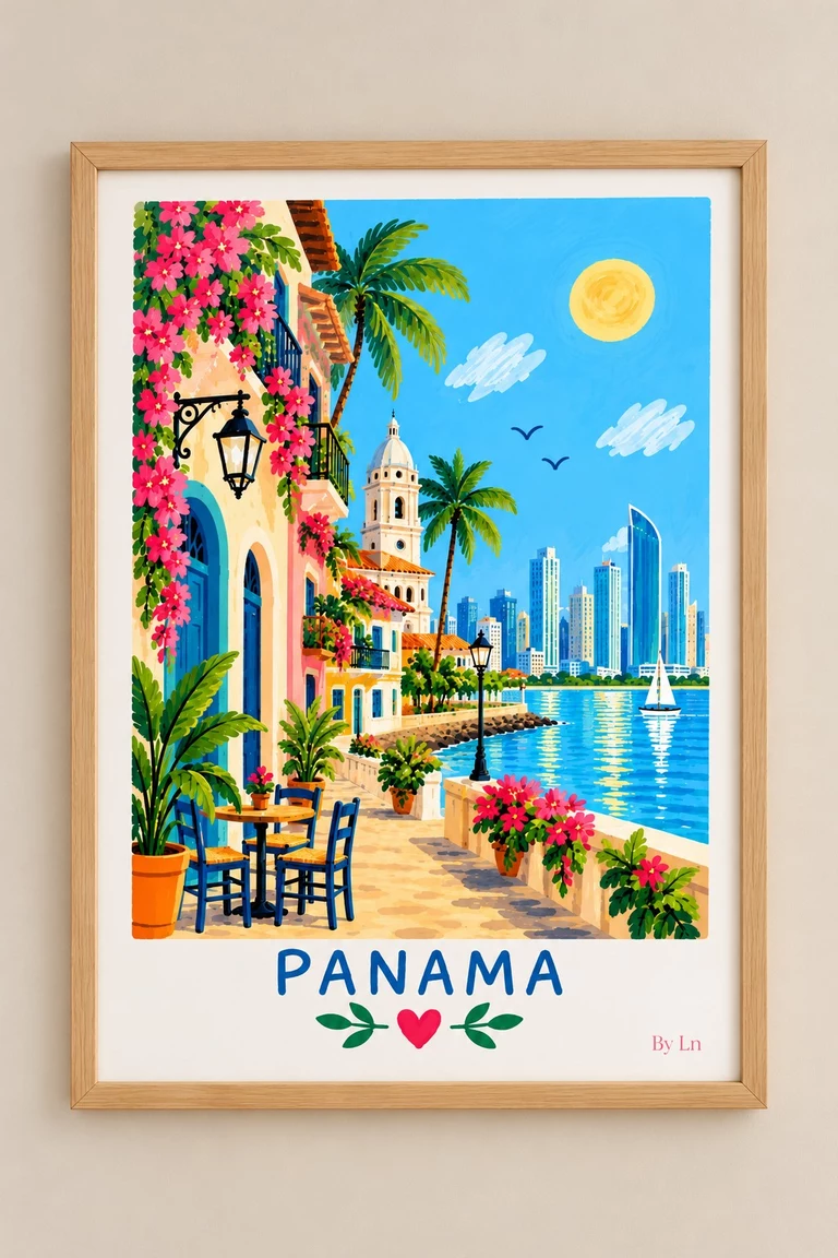 Affiche verticale illustrant une scène côtière urbaine avec façades claires, palmiers, eau, voilier blanc, skyline bleue et grand titre Panama en bas.