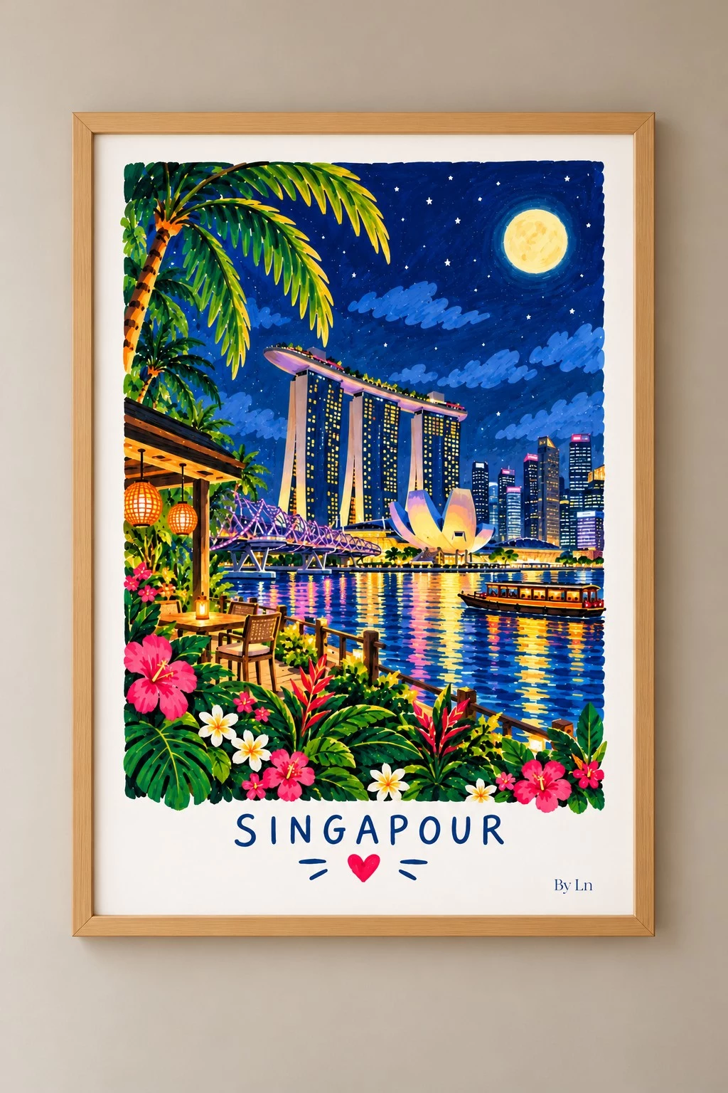 Affiche verticale illustrant Singapour de nuit, avec skyline stylisée, feuillages tropicaux, terrasse, reflets lumineux et ciel étoilé.