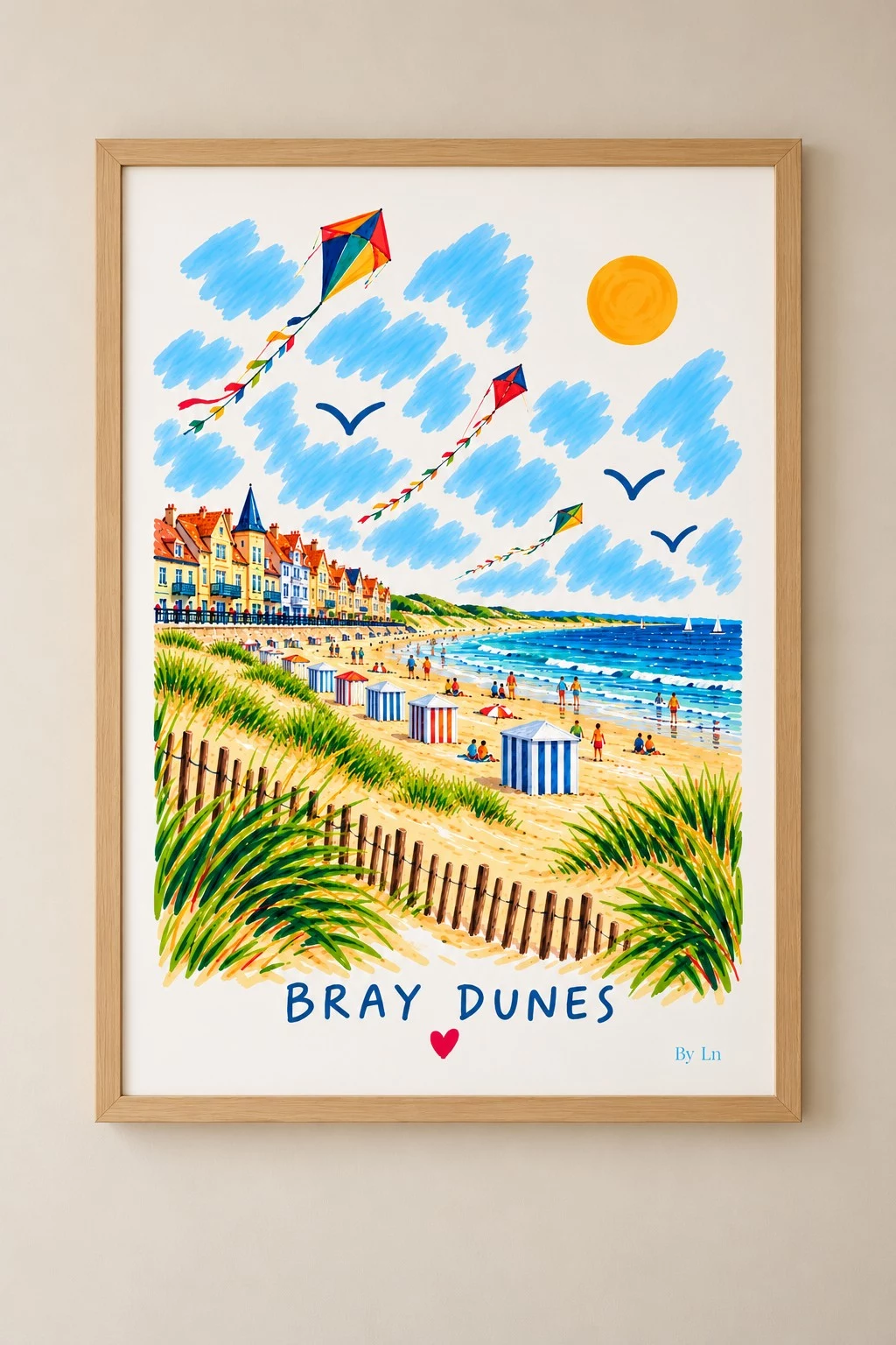 Illustration de Bray-Dunes avec plage, vagues bleues, cabines rayées, maisons colorées, cerfs-volants, dunes et soleil stylisé.