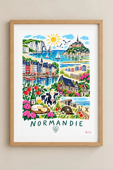 Affiche illustrée verticale de Normandie en collage, avec falaises, port, maisons à colombages, cabines de plage, pommes, cidre et casque stylisé.