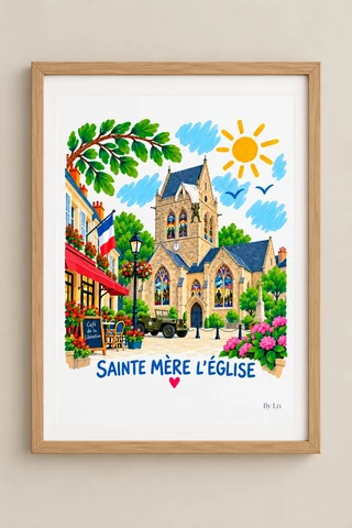 Affiche SAINTE MÈRE L’ÉGLISE illustrée et colorée, présentée dans un cadre en bois clair