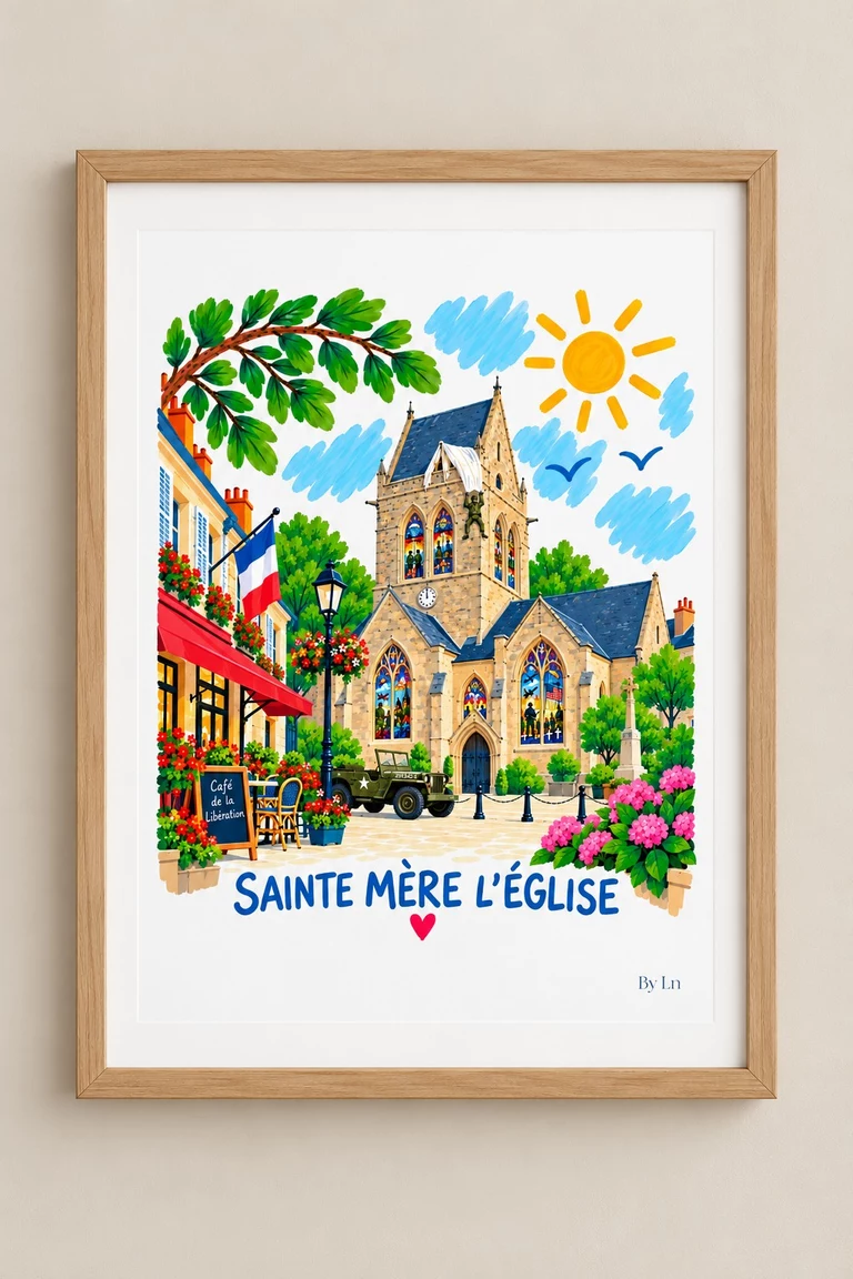 Affiche SAINTE MÈRE L’ÉGLISE illustrée et colorée, présentée dans un cadre en bois clair