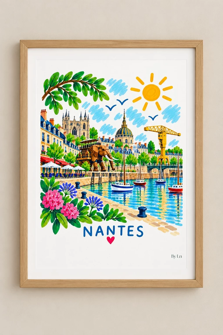 Affiche verticale illustrée de Nantes avec façades urbaines, bâtiment à flèches, dôme, bateaux, éléphant stylisé, fleurs et soleil.