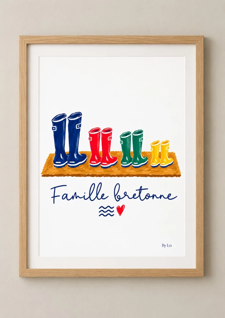 Affiche verticale avec quatre paires de bottes colorées alignées, texte manuscrit bleu, cœur rouge et trois vagues bleues sur fond blanc.