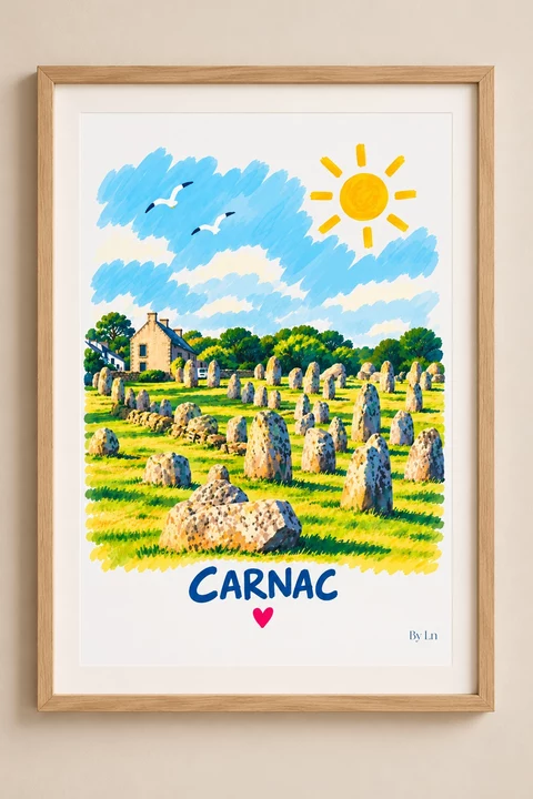 Affiche verticale représentant un champ d’herbe avec de nombreux blocs de pierre, une maison au fond à gauche, des arbres, deux oiseaux et un soleil stylisé.