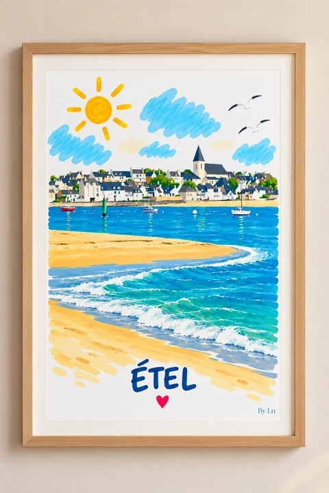 Affiche verticale illustrant une scène côtière stylisée avec plage, mer bleue, maisons au loin, clocher, soleil jaune, nuages simples et oiseaux.