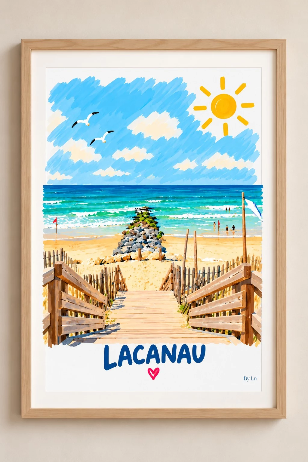 Affiche verticale illustrant une plage de Lacanau avec mer, ciel bleu, soleil stylisé, oiseaux, passerelle en bois, rochers et petites silhouettes au loin.