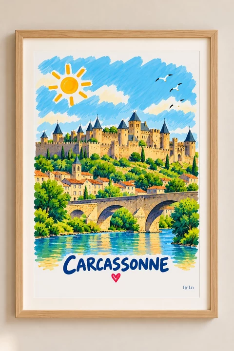 Affiche verticale montrant des remparts, tours, pont de pierre, maisons, rivière, soleil jaune et oiseaux, dans une illustration colorée au style pictural.