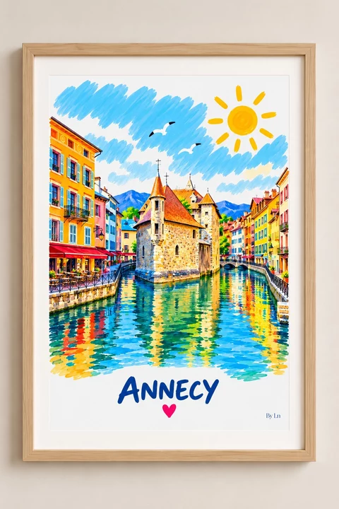 Affiche verticale d’Annecy montrant un bâtiment en pierre à toiture rouge, des façades colorées, un canal, un ciel bleu avec soleil et oiseaux, et le mot ANNECY en bas.
