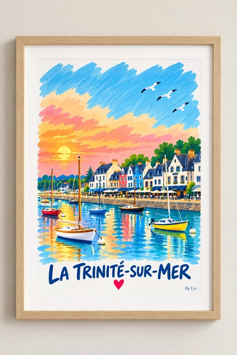 Affiche verticale de La Trinité-sur-Mer avec voiliers, maisons colorées au bord du quai, reflets sur l’eau et ciel de coucher de soleil.