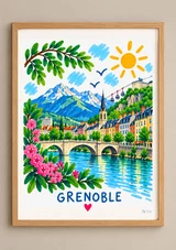 Affiche verticale représentant Grenoble avec un fleuve, un pont à arches, des bâtiments, un clocher, des montagnes enneigées et un téléphérique.