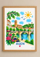 Affiche illustrée d’Agen avec pont à plusieurs arches, maisons claires, clocher central, ciel simplifié, végétation et fruits au premier plan.