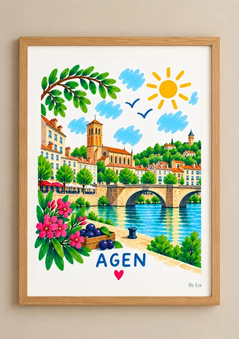 Affiche illustrée d’Agen avec pont à plusieurs arches, maisons claires, clocher central, ciel simplifié, végétation et fruits au premier plan.