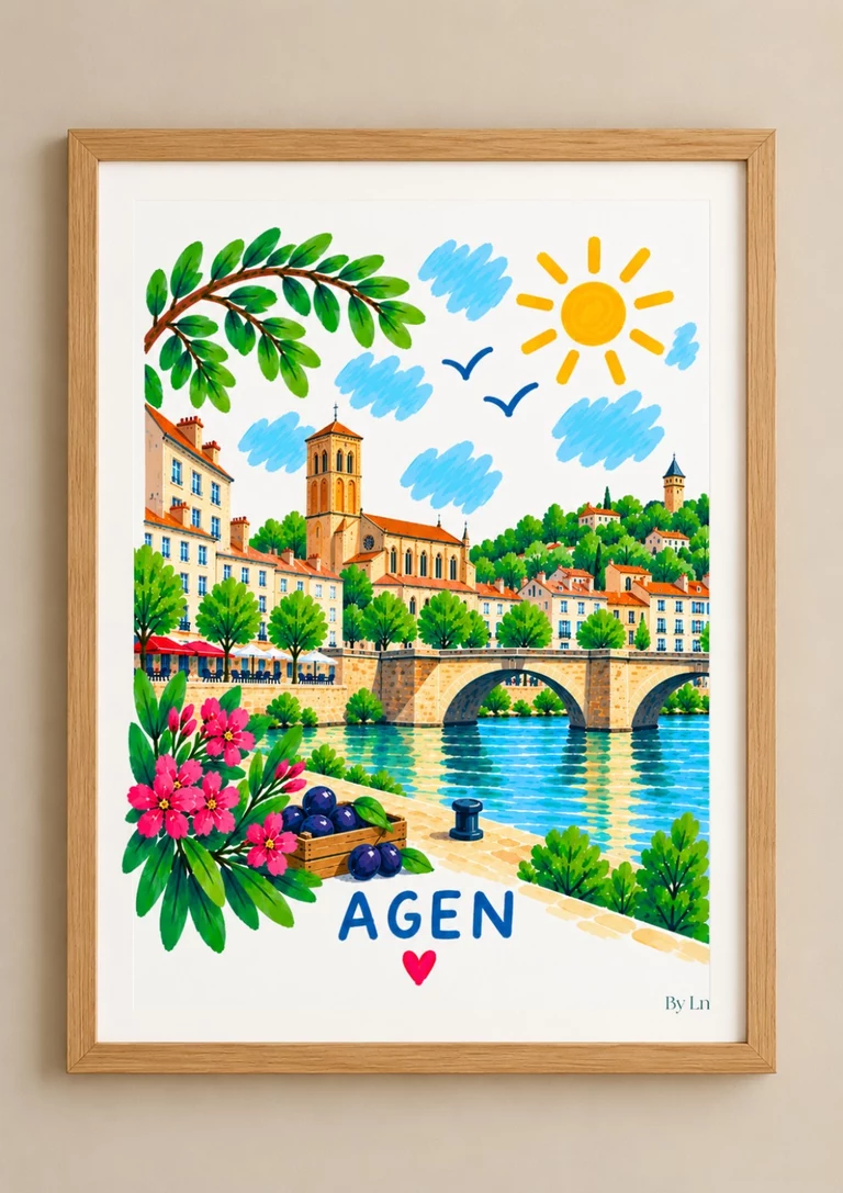 Affiche illustrée d’Agen avec pont à plusieurs arches, maisons claires, clocher central, ciel simplifié, végétation et fruits au premier plan.