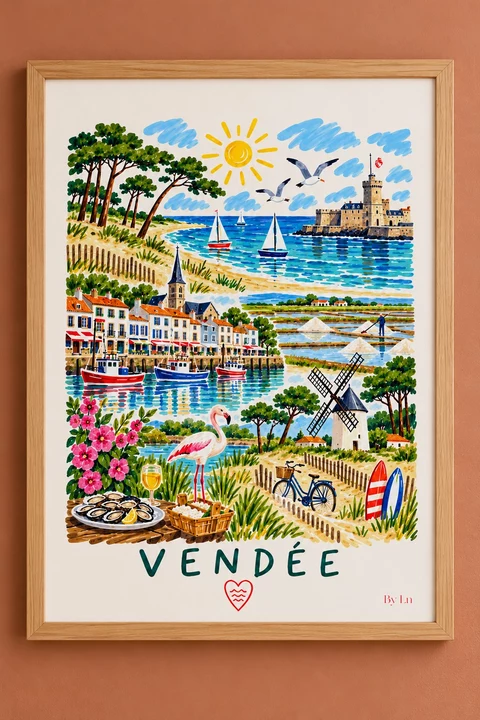 Affiche verticale illustrée de la Vendée, avec plage, mer, bateaux à voile, port, village côtier, moulin, vélo, fleurs et huîtres.